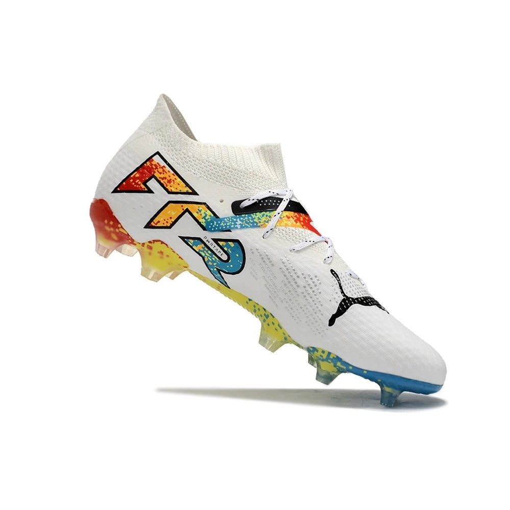 Chuteira Puma Future 7 Ultimate Campo FG - Branco/Azul/Amarelo