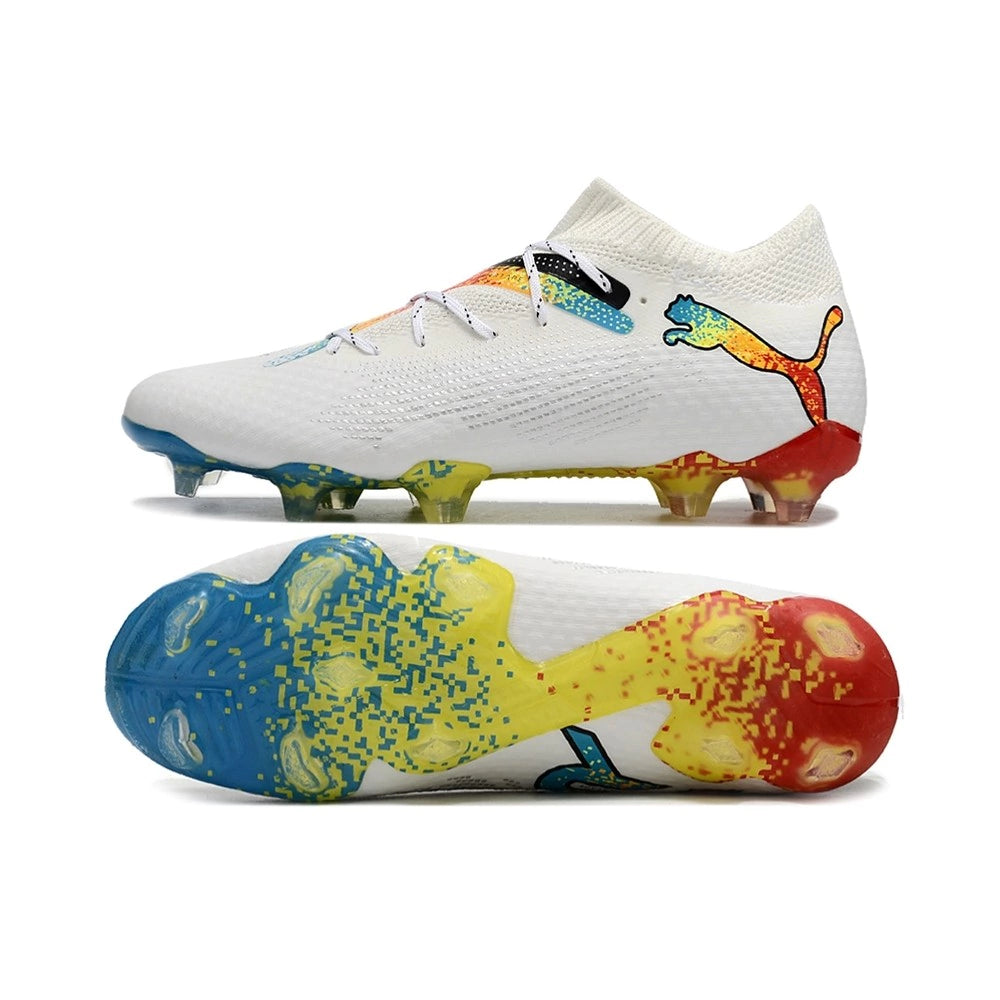Chuteira Puma Future 7 Ultimate Campo FG - Branco/Azul/Amarelo